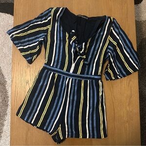 Abercrombie & Fitch Navy, Yellow & White Striped V-Neck Romper with Tie Front
